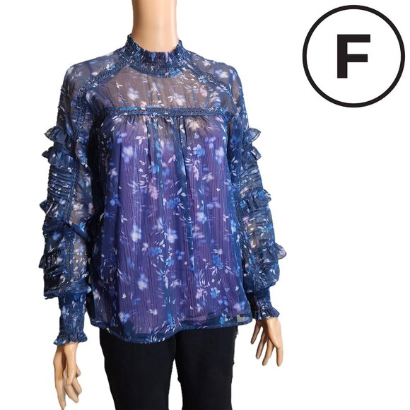 French Connection Anifrida Arica Pleat-Sleeve Top NWT Blue Med - Picture 1 of 10